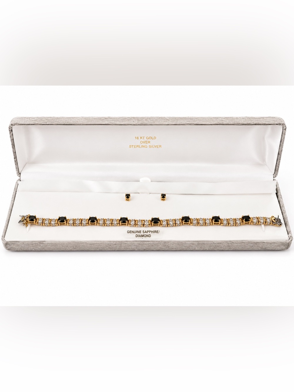 18KT Gold Over Sterling Silver Genuine Sapphire & Diamond Bracelet & Earring Set